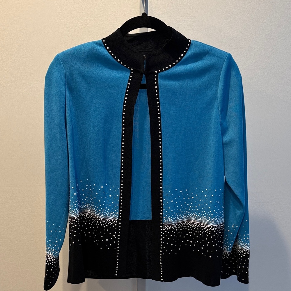 Ming Wang Black Blue Cardigan Women M Padded Open Front Stud Accent Sweater